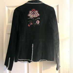 Vintage Black Suede Leather Floral Embroidered Blazer